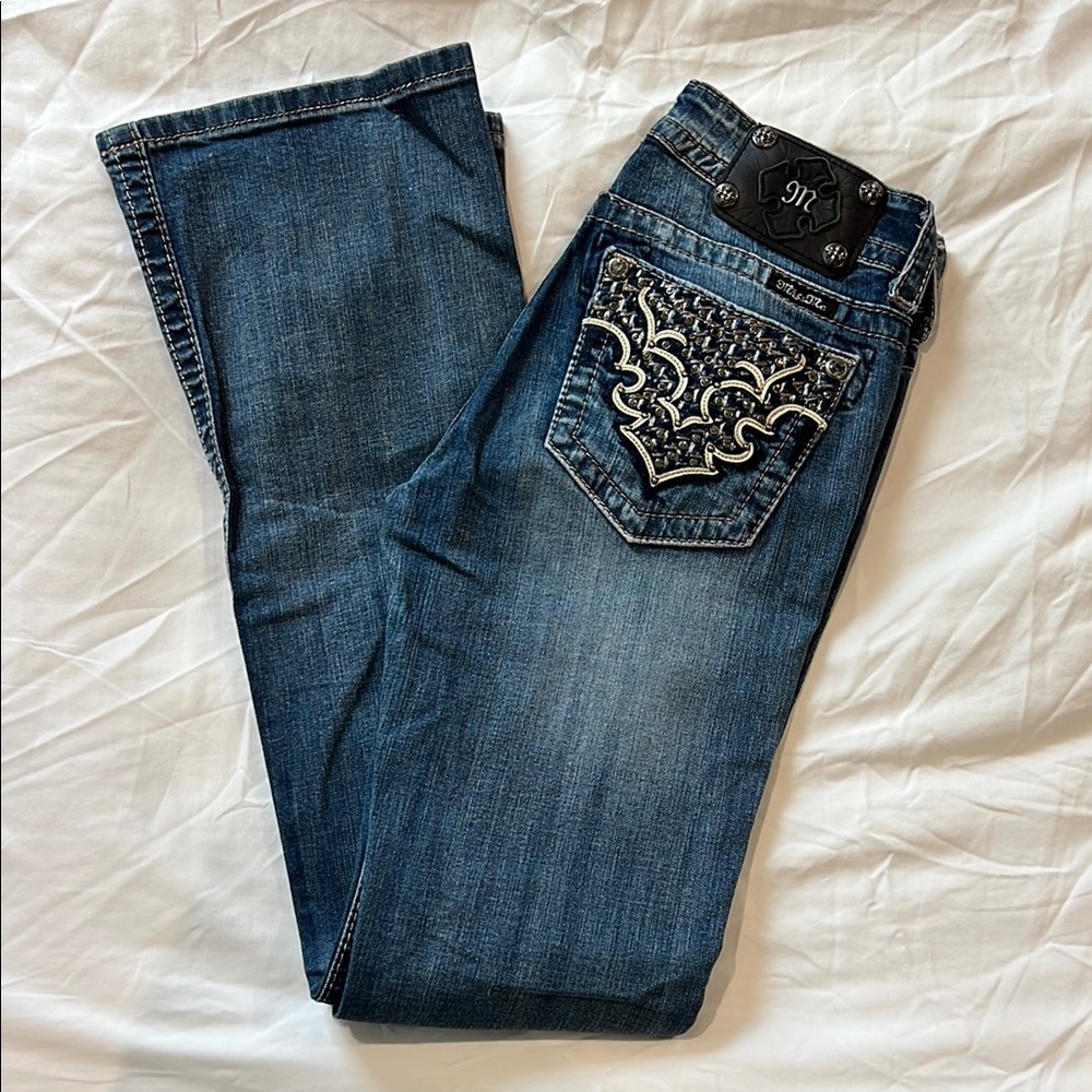 Miss Me Dark Blue Boot Cut Jeans with Embroidered Pocket